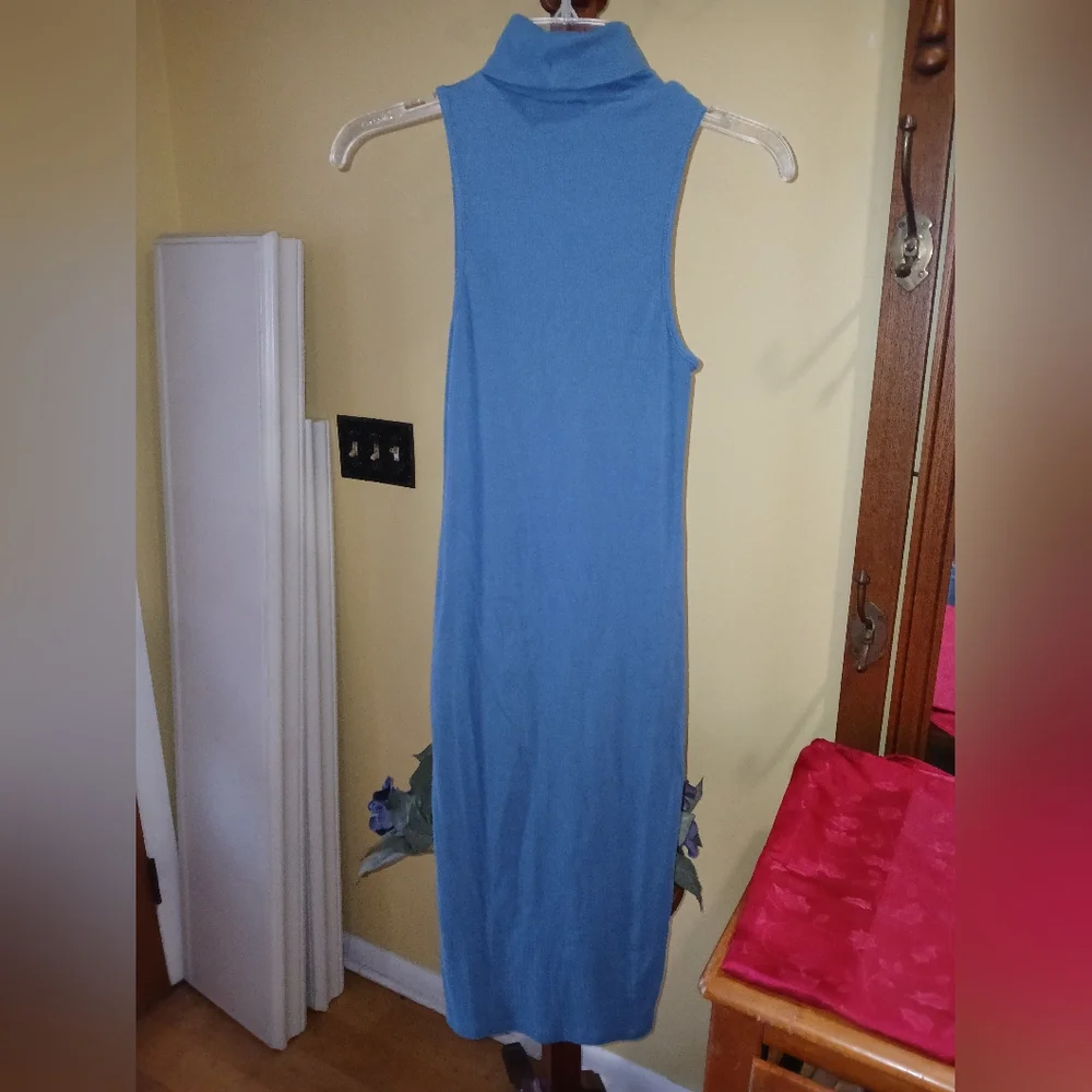 ZARA Ribbed Sleeveless Turtleneck Bodycon Midi Dress Blue Size Small - Picture 4 of 4